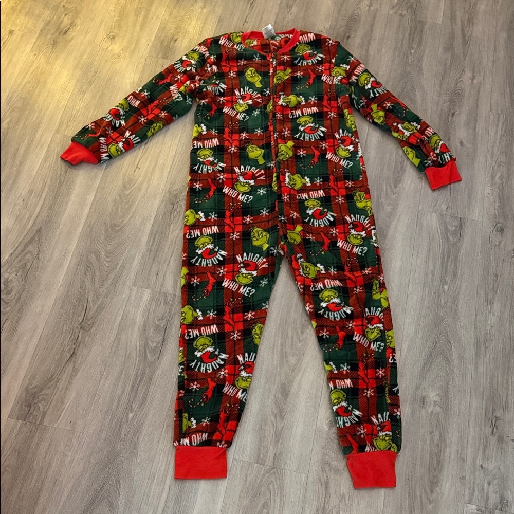 The Grinch Festive Red and Green One Piece fleece PJ size large youth